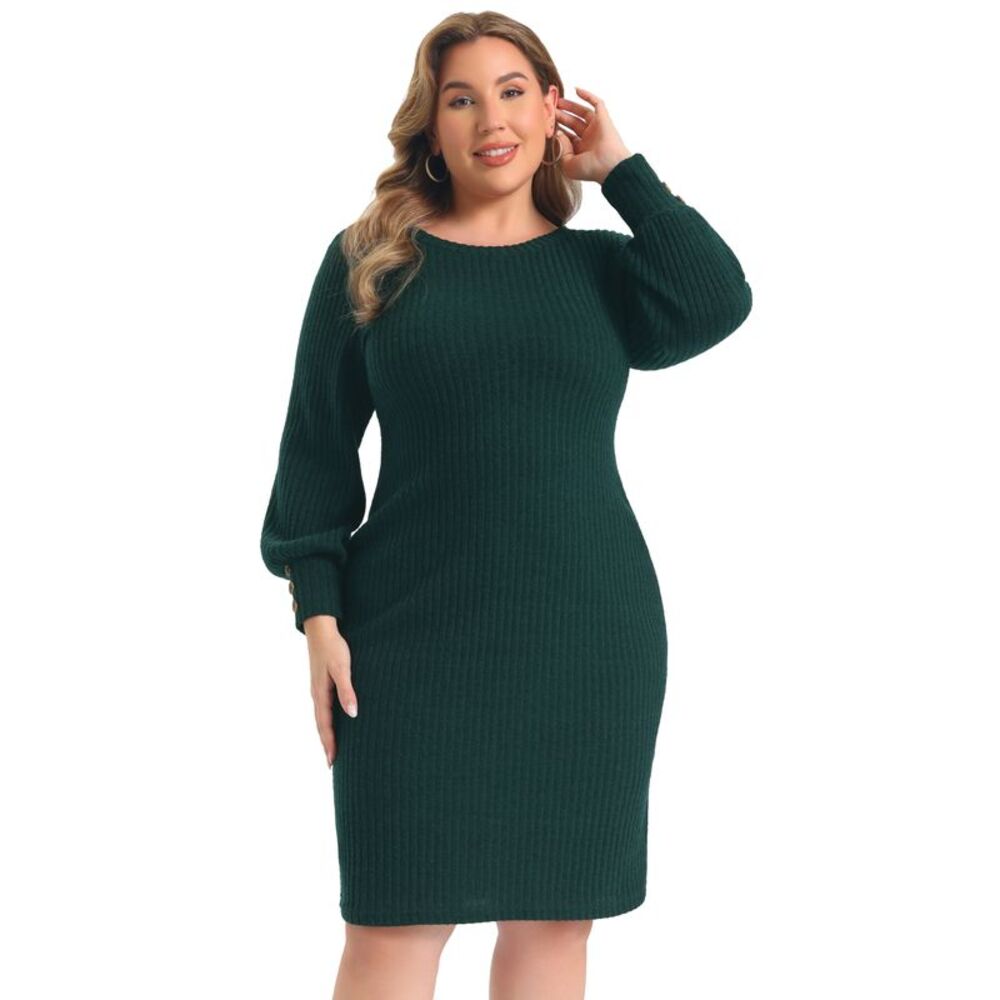 Women Plus Size Ribbed Knit Lantern Sleeve Midi Bodycon Dresses Dark Green